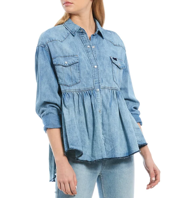 Free People Dylan Babydoll Snap Front Chambray Frayed Hem Blouse, Womens, L, Chambray