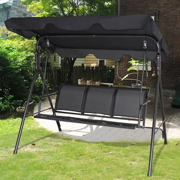 Gymax Black Outdoor Swing Canopy Patio Swing Chair 3 Person Canopy Hammock