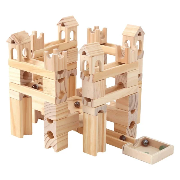 Onshine Wooden Marbles Run Block Toy Solid Wood Building Blocks Set Early Learning Construction Game for Kids (80pc Set)