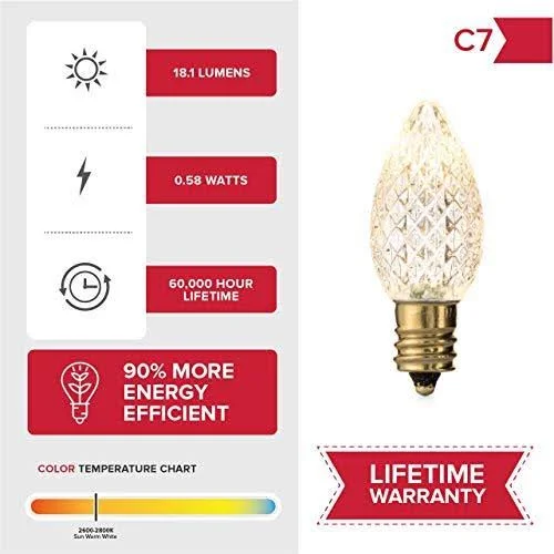 Holiday Lighting Outlet Faceted C7 Christmas Lights - Sun Warm White LED Light