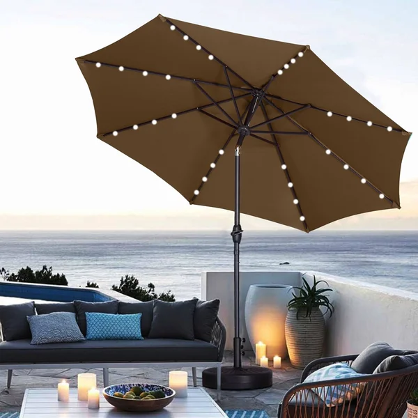 Ainfox 9ft Patio Umbrella with LED Lights & Round Base - Brown - 9 x 9 x 7.61ft