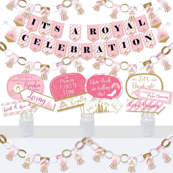 Big Dot of Happiness - Little Princess Crown - Banner and Photo Booth Decorations - Pink and Gold Princess Baby Shower or Birthd