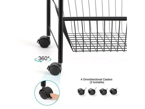 NEX 3-Tier Rolling Basket Stand - Large Size Full Metal Rolling Trolley for Kitchen & Bathroom - Three Tier Storage Cart w/Sh