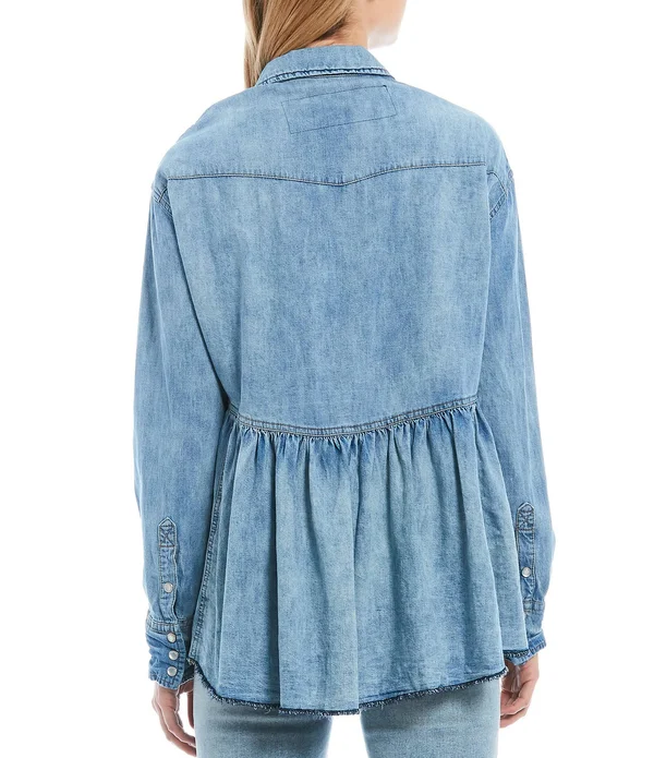 Free People Dylan Babydoll Snap Front Chambray Frayed Hem Blouse, Womens, L, Chambray