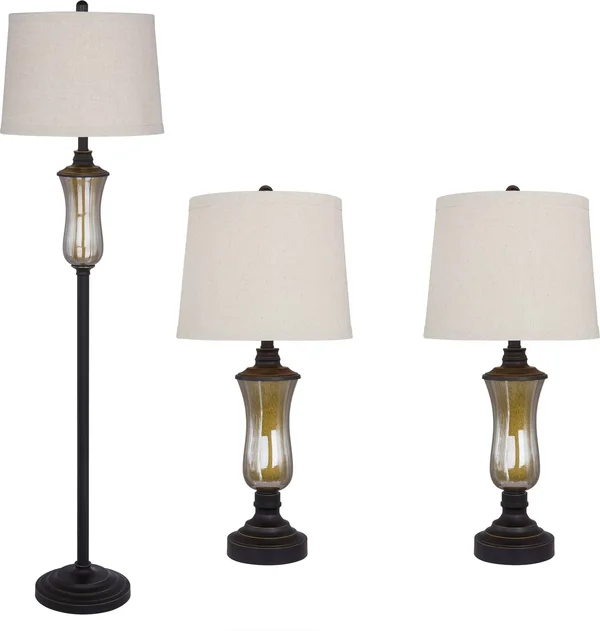 Fangio Lighting 3PC Seeded Glass & Metal Lamp Set in Bronze Finish