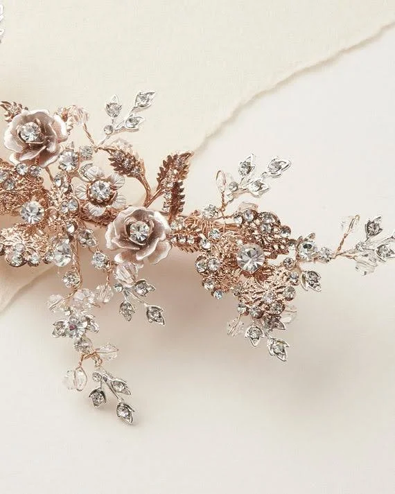 DarethColburnDesigns Crystal Bridal Hair Clip - Floral Wedding Hair Piece, Bridal Headpiece, Rose Gold Hair Comb, Flower Crystal