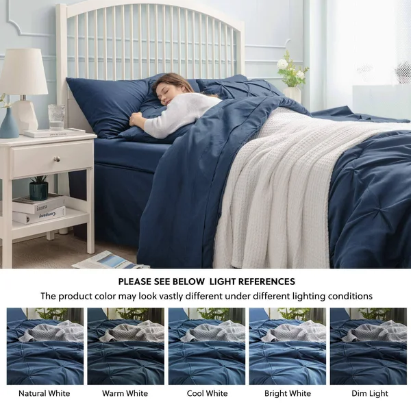 Bedsure Blue Comforter Set Queen - 8 Pieces Pintuck Bed in A Bag Queen, Navy Queen Bed Set with Comforters, Sheets, Pillowcases