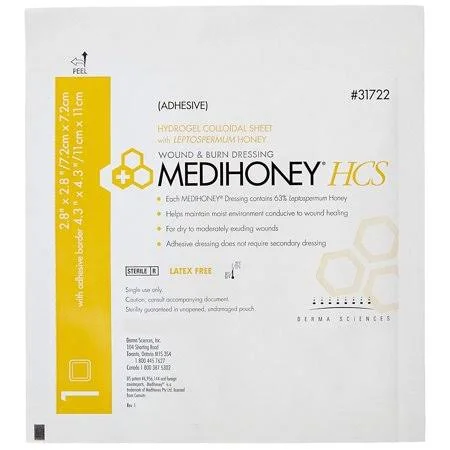 Derma Sciences 31722 Medihoney Dressing Hydrogel Colloidal Sheet, Adhesive, 2.8 inch Width x 2.8 inch Length (5 Packs of 10), Wo