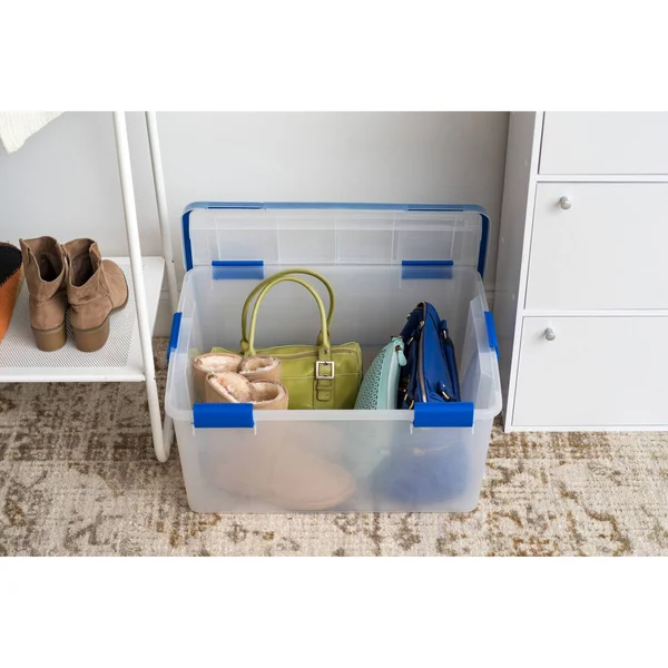 Iris USA 60 Quart Weathertight Storage Box - Clear with Blue Buckles, 4 Pack, 500026