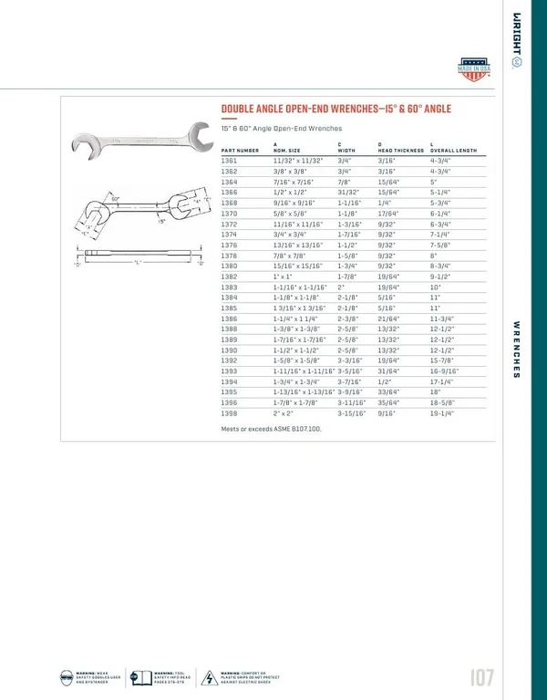 Wright Tool 1390 1-1/2x22 15 and 60 Degree Open-End Wrench