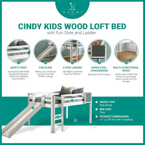 Naomi Home Cindy Low Loft Bed with Fun Slide White/Twin