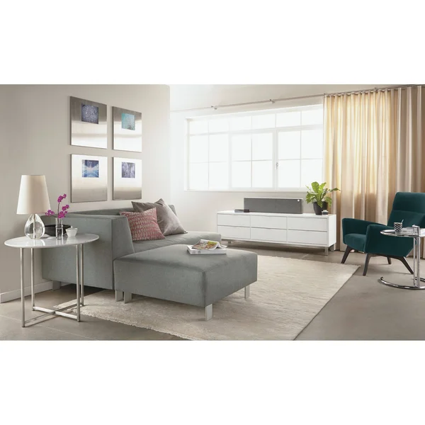 Room & Board - Modern Classic Round End Table 18 Diameter 22H in Stainless Steel, Fog Quartz Top w/ Stainless Steel Frame B