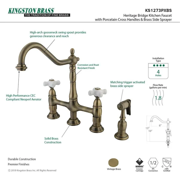 Kingston Brass KS1276PXBS Heritage Bridge Kitchen Faucet with Brass Sprayer - Polished Nickel