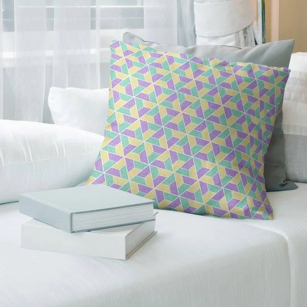 Three Color Trapezoids Throw Pillow - 14 x 14 - Purple Green & Yellow - Linen