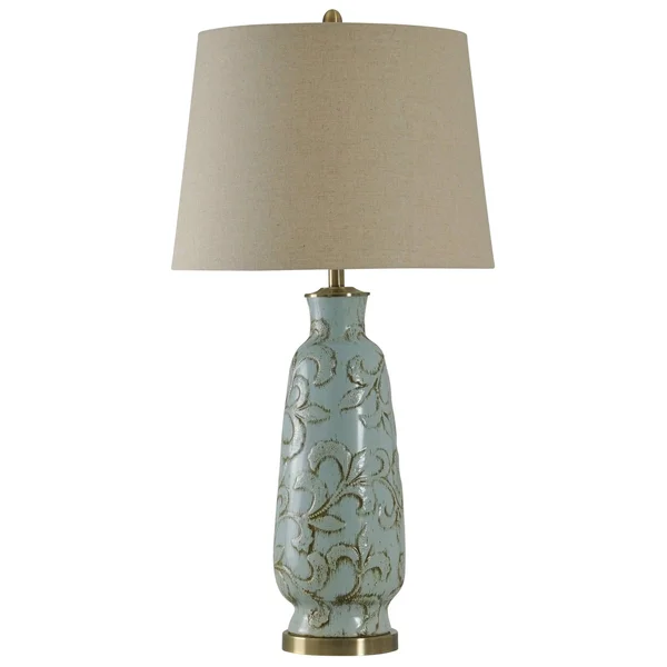 Stylecraft Home Collection L311413DS 1 Light Table Lamp Pale Blue Ceramic/Brass Finish with White Linen Shade