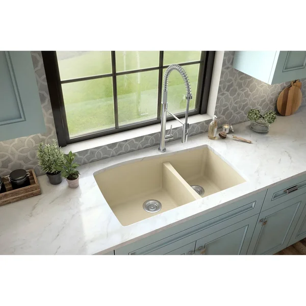 Karran Undermount Quartz 60/40 Double Bowl Kitchen Sink - Bisque