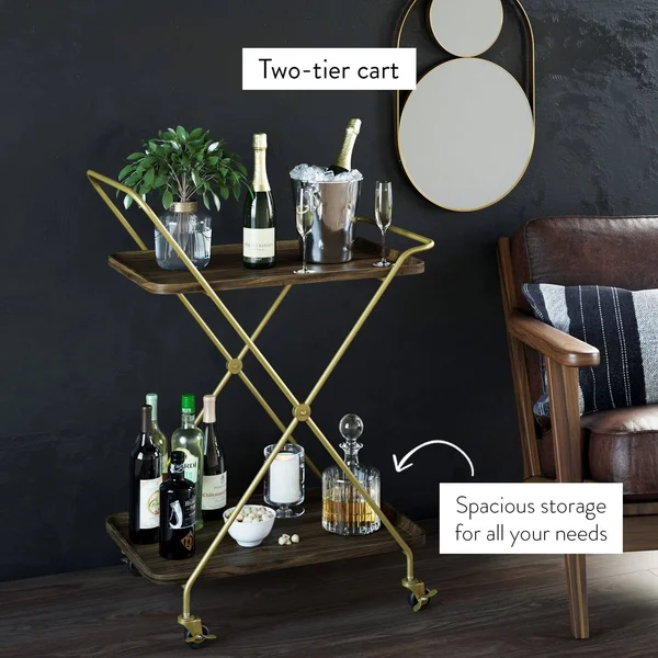 Nathan James Hallie Retro 2-Tray Beige Mid-Century with Black Metal Finish Rolling Bar Cart or Serving Cart