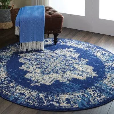 Burnie Oriental Blue/White Area Rug Bungalow Rose Rug Size: Round 4&