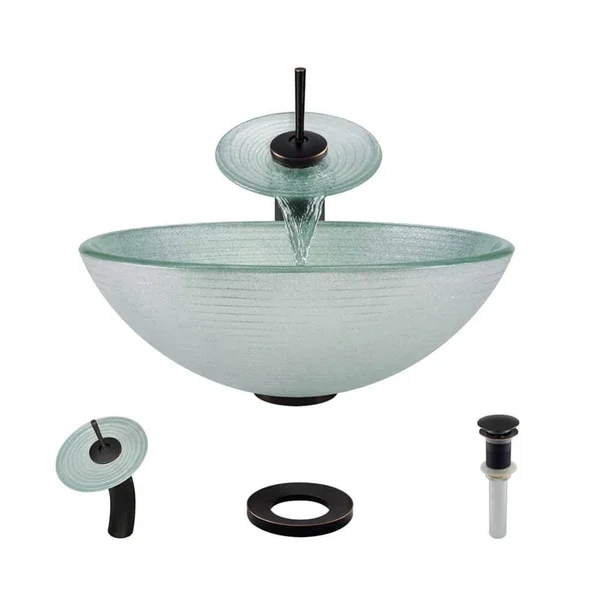 Rene R5-5034-WF-ABR Foil Undertone Glass Vessel Sink with Antique Bronze Waterfall Faucet - Sink Ring, and Vessel Pop-Up Drain