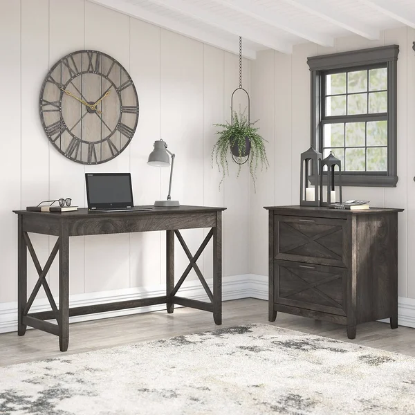 Bush Furniture Key West 48x22 Engineered Wood Writing Desk with Lateral File Cabinet, Dark Gray Hickory (KWS003GH)