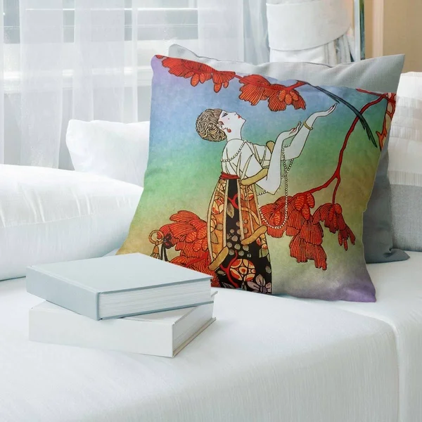 Porch & den George Barbier &Woman in Red& Throw Pillow - 20 x 20 - Red & Blue Ombre - Polyester