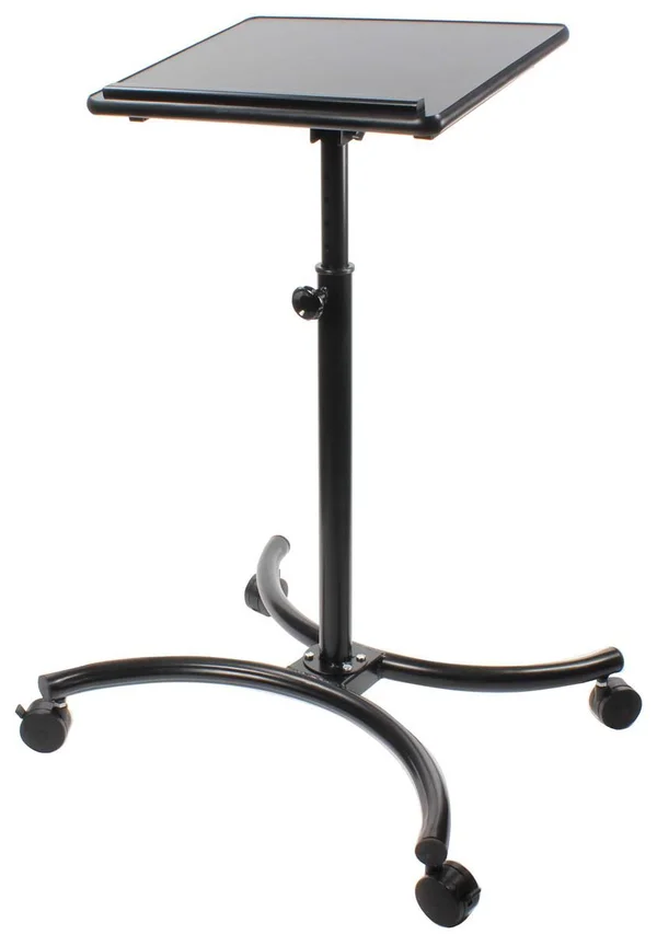 Displays2go Adjustable Laptop Stand with 20 x 16-inch Tilting Surface, Locking Casters, Contemporary Curved Base, Ergonomic Desi