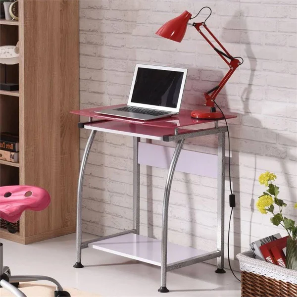 Pemberly Row Tempered Glass Top Laptop Desk in Pink - PR-1644366