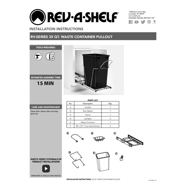 Rev-A-Shelf RV-12KD-13C-S Single 35 Quart Cabinet Pullout Waste Container, Gray