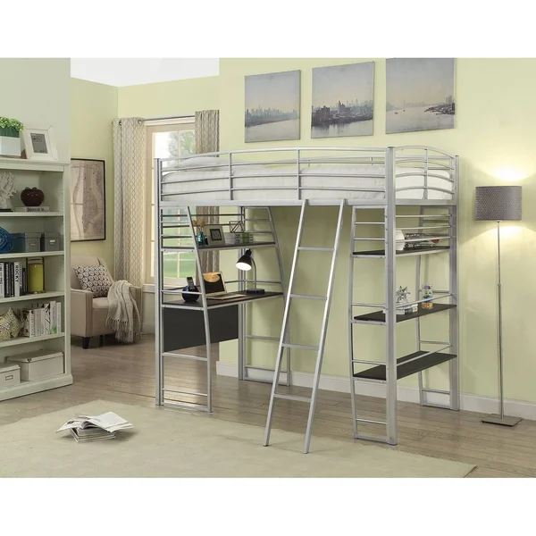 Benzara BM182646 Contemporary Steel/Wood Twin Workstation Loft Bed with Open Shelving Silver