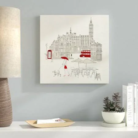 Ebern Designs 'World Cafe I London Red' Drawing Print on Canvas, Beige