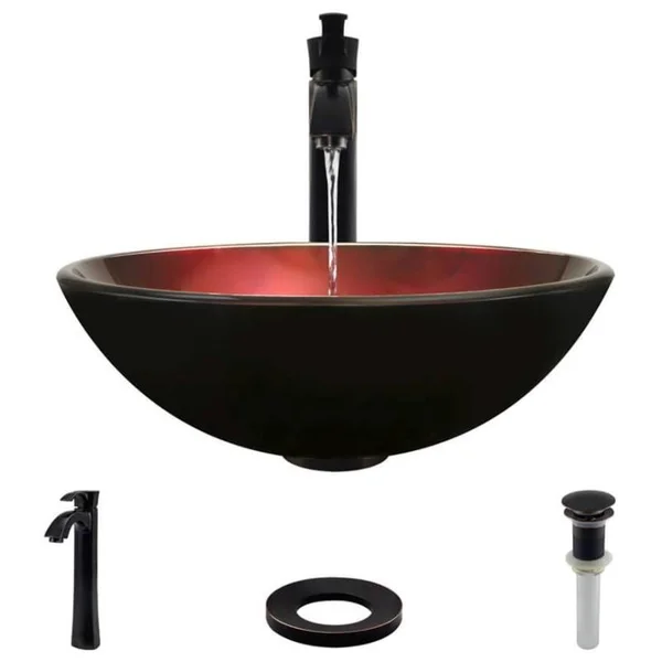 Rene R5-5007-R9-7006-ABR Foil Undertone Glass Vessel Sink with Antique Bronze Vessel Faucet, Sink Ring, and Vessel Pop-Up Drain