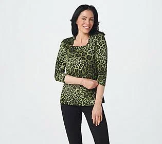 Susan Graver Printed Liquid Knit Square Neck3/4- Sleeve Top, Size 5X, Olive