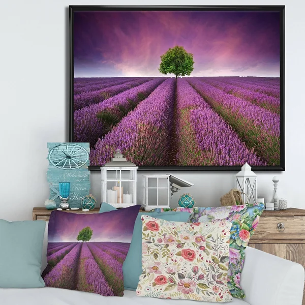 Designart &Stunning Lavender Field Summer Sunset with Tree& Farmhouse Framed Canvas Wall Art Print - 20 in. Wide x 12 in. High