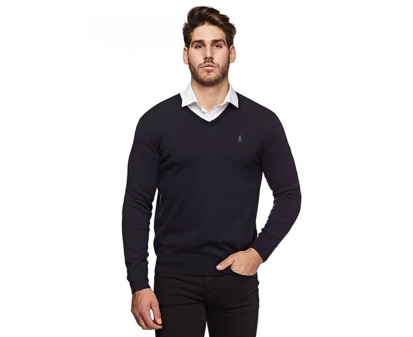 Polo Ralph Lauren Mens Pima Cotton V-Neck Sweater (Large - Navy Blue)