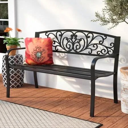 Fleur De Lis Living Carennac Scroll Backrest Iron Garden Bench - Black
