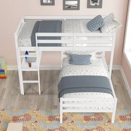 Twin Over Twin L-Shaped Bunk Bed with Desk for Kids, Solid Wood Convertible L-Shaped Bunk Bed Frame, No Box Spring Needed (White