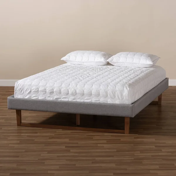 Baxton Studio Liliya Light Grey Fabric Walnut Wood Queen Platform Bed Frame