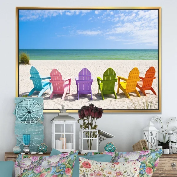 Designart &Adirondack Beach Chairs& Seashore Photo Framed Canvas Art Print - 20 in. Wide x 12 in. High - White