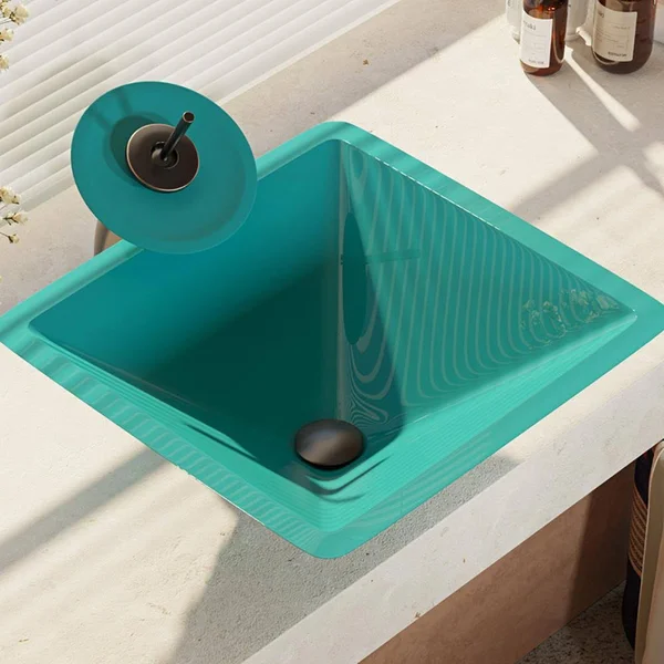 Rene R5-5003-CER-WF 16-1/2x22 Glass Vessel Bathroom Sink with Waterfall Faucet Si Cerulean, Antique