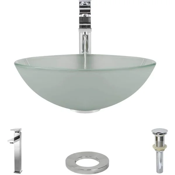 Rene R5-5002-R9-7003 16-1/2x22 Glass Vessel Bathroom Sink with Vessel Faucet Sink Frosted, Chrome