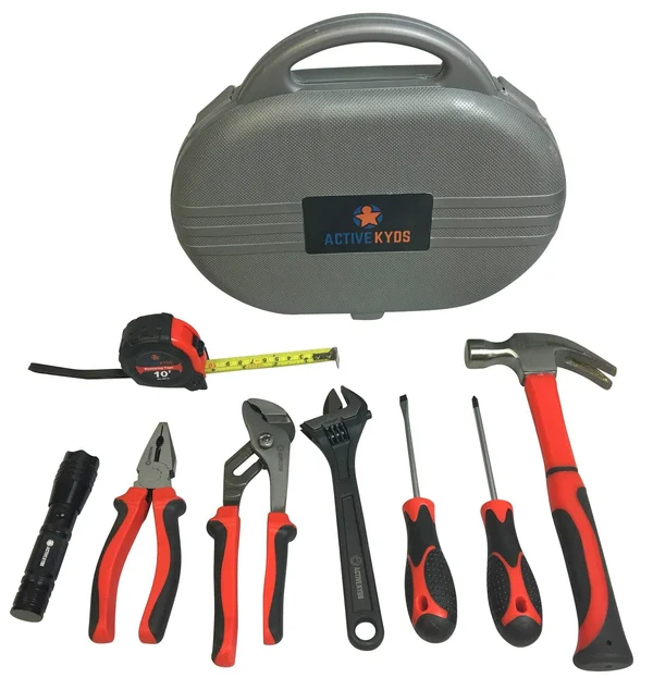 Active Kyds 9 Piece Kids Tool Set with Real Tools Fiberglass Hammer Tape Measure