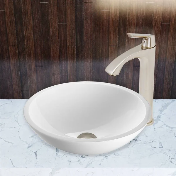Vigo VGT451 Brushed Nickel Flat Edged White Phoenix Stone Vessel Sink and Linus Faucet Set