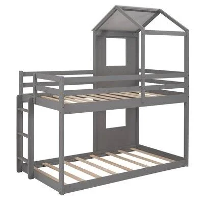 Twin Over Twin Bunk Bed Wood Bed with ROOF - WINDOW, Guardrail, Ladder for Kids, Teens Harper Orchard