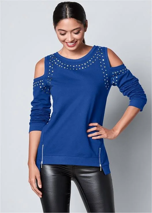 Women's Cold-Shoulder Sweatshirt Loungewear - Blue, Size 2x by Venus