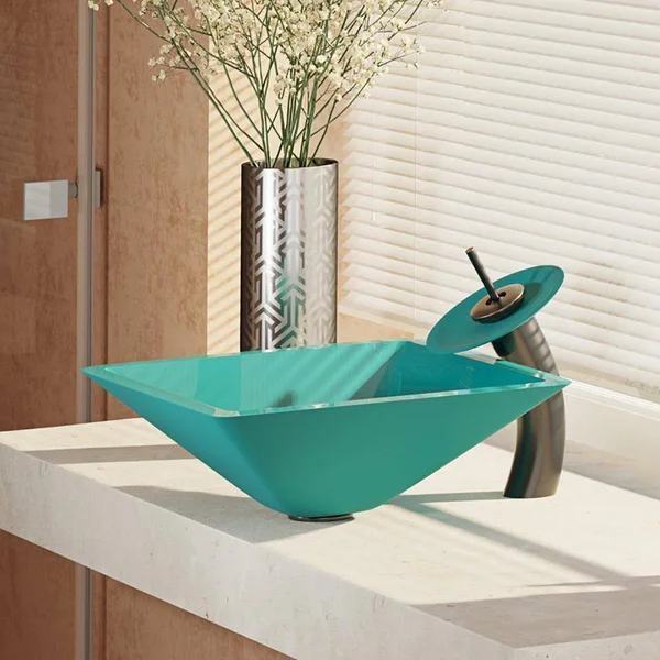 Rene R5-5003-CER-WF 16-1/2x22 Glass Vessel Bathroom Sink with Waterfall Faucet Si Cerulean, Antique