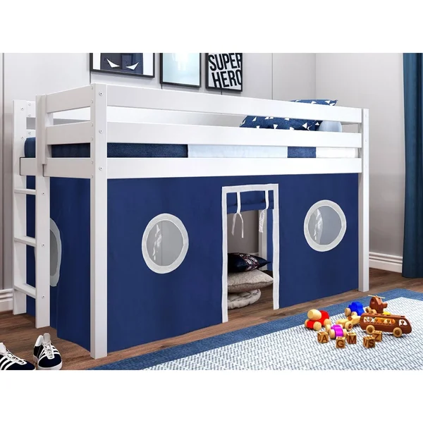 Jackpot! Contemporary Low Loft Bed with End Ladder - Twin, White with Blue & White Tent