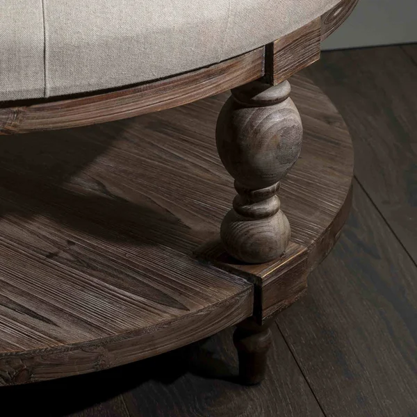 Crestview Tahoe Rustic Wood and Round Linen Ottoman
