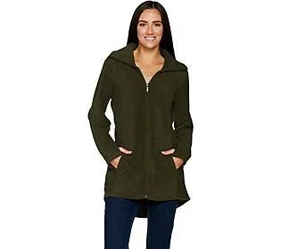Denim & Co. Fleece Zip Front Long Sleeve Jacket with Hi-Low Hem - Size Large, True Olive