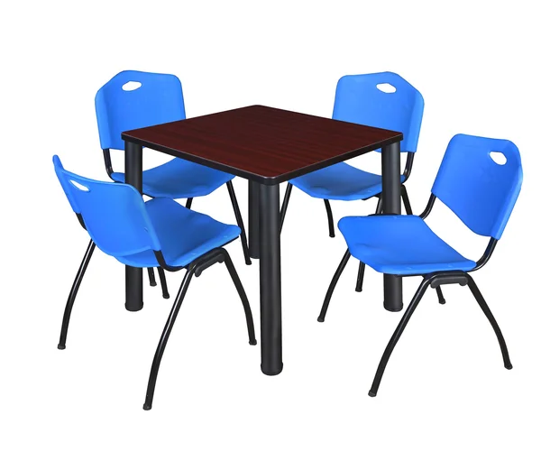 Regency Kee 30x22 Square Breakroom Table- Mahogany/ Black & 4 &M& Stack Chairs- Blue