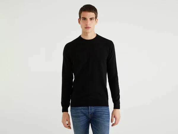 Benetton - Black Crew Neck Sweater in Pure Virgin Wool, Size L, Black, Men